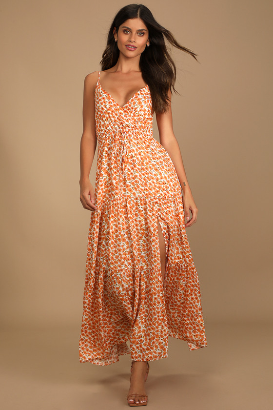 Orange Floral Print Dress - Tiered Maxi ...
